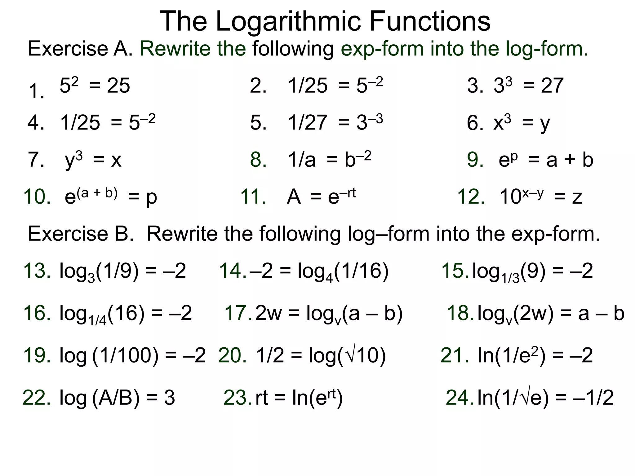 1.
Exercise A. Rewrite the following exp-form into the log-form.
2. 3.
4. 5. 6.
7. 8. 9.
10.
The Logarithmic Functions
Exercise B. Rewrite the following log–form into the exp-form.
52 = 25 33 = 27
1/25 = 5–2 x3 = y
y3 = x ep = a + b
e(a + b) = p 10x–y = z11. 12.
1/25 = 5–2
1/27 = 3–3
1/a = b–2
A = e–rt
log3(1/9) = –2 –2 = log4(1/16)13. 14. log1/3(9) = –215.
2w = logv(a – b)17. logv(2w) = a – b18.log1/4(16) = –216.
log (1/100) = –2 1/2 = log(√10)19. 20. ln(1/e2) = –221.
rt = ln(ert)23. ln(1/√e) = –1/224.log (A/B) = 322.
 