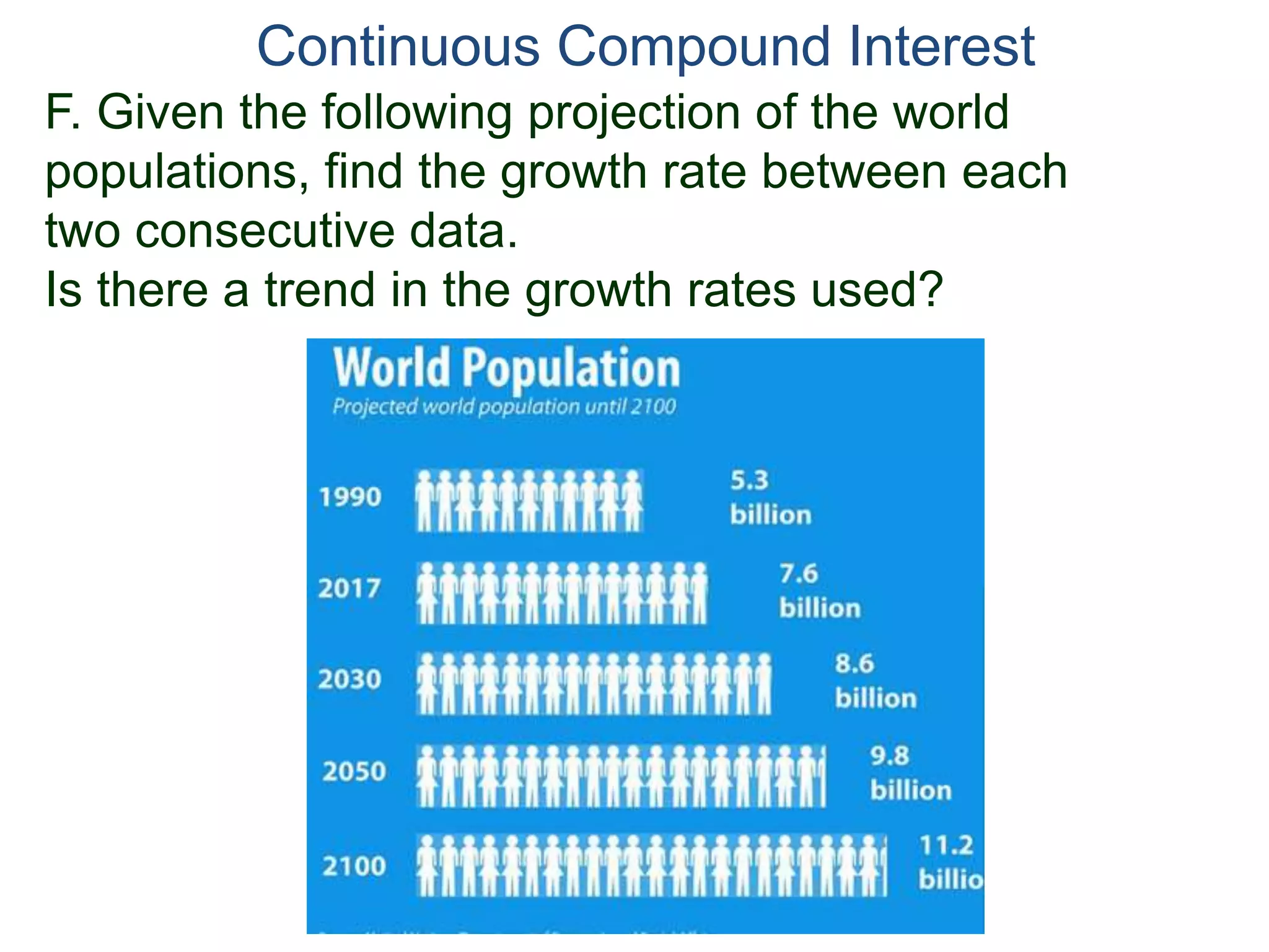 Continuous Compound Interest
F. Given the following projection of the world
populations, find the growth rate between each
two consecutive data.
Is there a trend in the growth rates used?
 