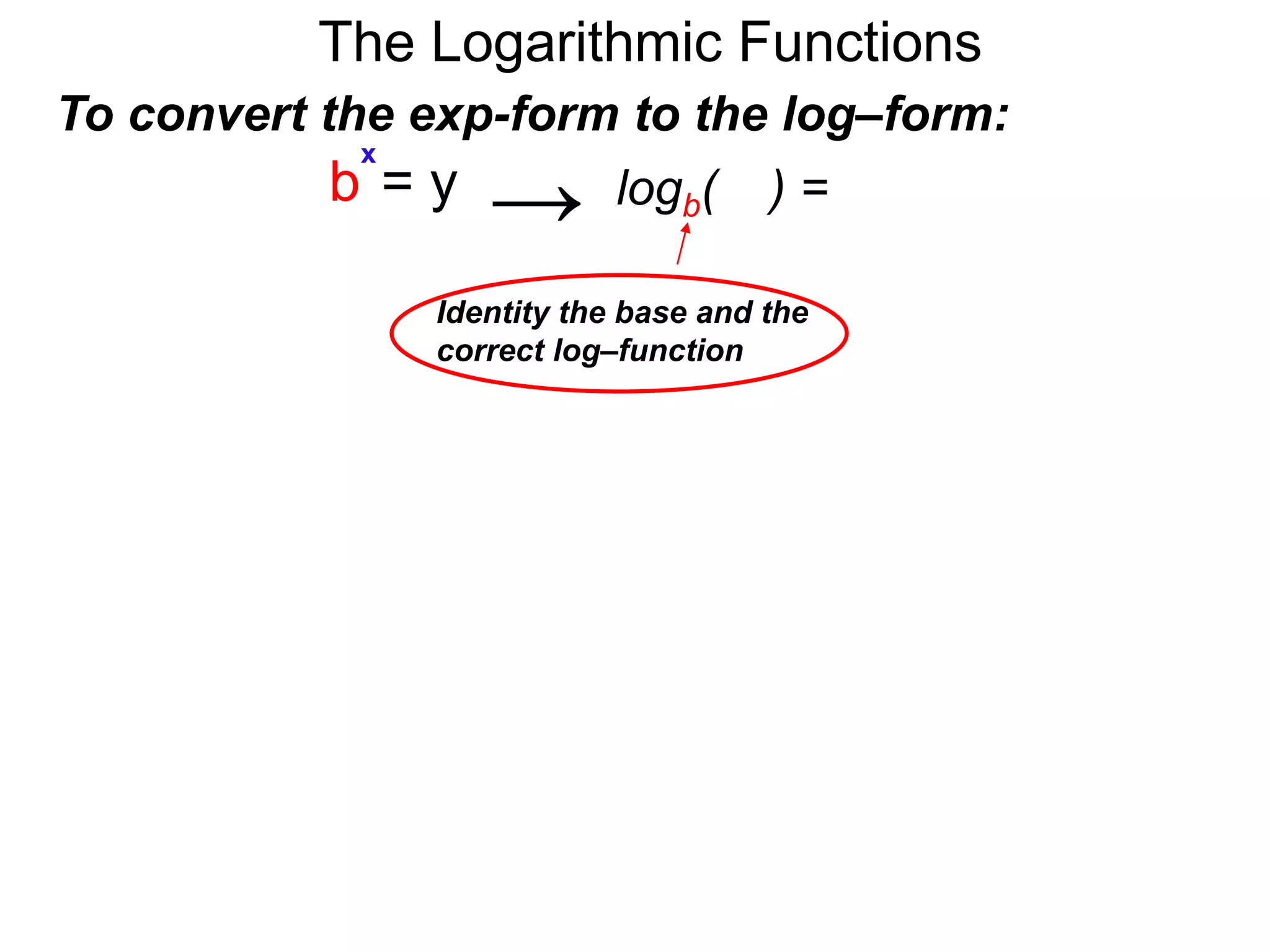 The Logarithmic Functions
To convert the exp-form to the log–form:
b = y
x
logb( y ) = x→
Identity the base and the
correct log–function
 