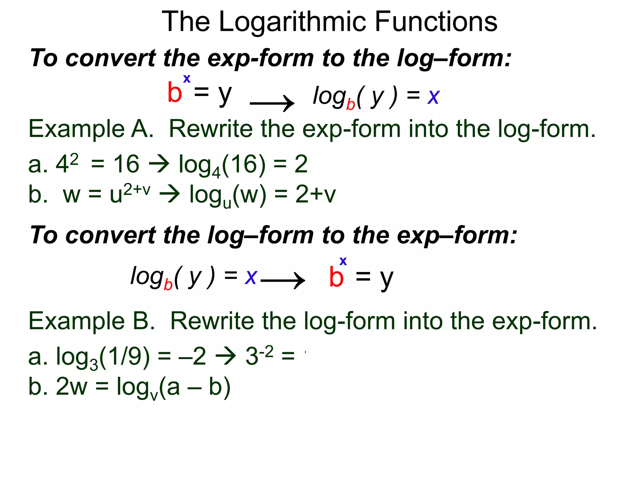 The Logarithmic Functions
Example B. Rewrite the log-form into the exp-form.
a. log3(1/9) = –2  3-2 = 1/9
b. 2w = logv(a – b)
Example A. Rewrite the exp-form into the log-form.
a. 42 = 16  log4(16) = 2
b. w = u2+v  logu(w) = 2+v
To convert the exp-form to the log–form:
b = y
x
logb( y ) = x→
To convert the log–form to the exp–form:
b = y
x
logb( y ) = x→
 