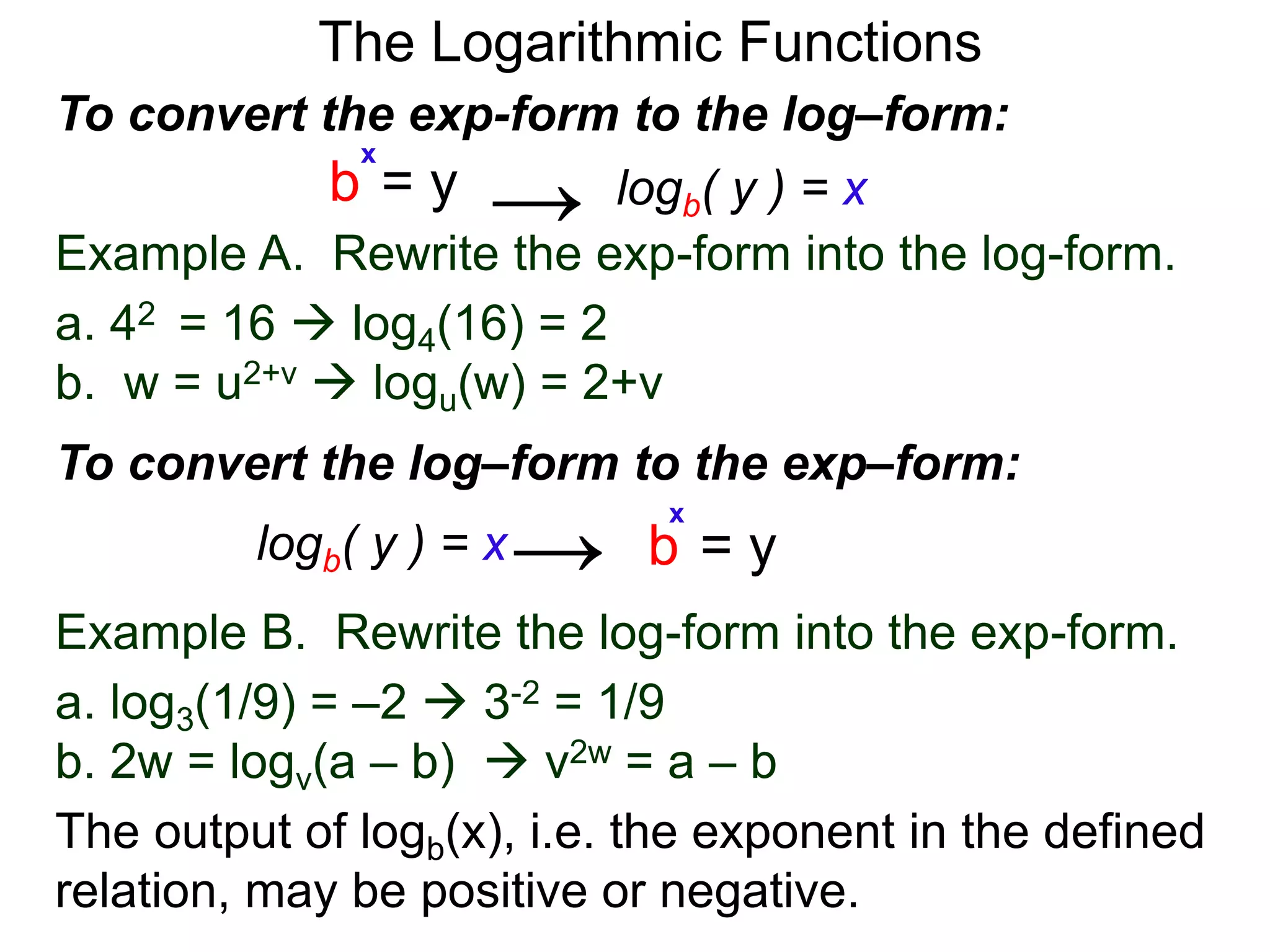 The Logarithmic Functions
Example B. Rewrite the log-form into the exp-form.
a. log3(1/9) = –2  3-2 = 1/9
b. 2w = logv(a – b)  v2w = a – b
Example A. Rewrite the exp-form into the log-form.
a. 42 = 16  log4(16) = 2
b. w = u2+v  logu(w) = 2+v
To convert the exp-form to the log–form:
b = y
x
logb( y ) = x→
To convert the log–form to the exp–form:
b = y
x
logb( y ) = x→
The output of logb(x), i.e. the exponent in the defined
relation, may be positive or negative.
 