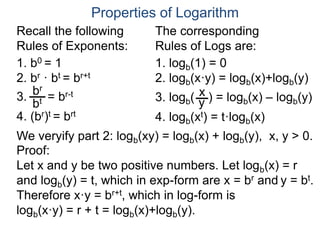 1. logb(1) = 0
2. logb(x·y) = logb(x)+logb(y)
3. logb( ) = logb(x) – logb(y)
4. logb(xt) = t·logb(x)
x
y
1. b0 = 1
2. br · bt = br+t
3. = br-t
4. (br)t = brt
bt
br
Properties of Logarithm
Recall the following
Rules of Exponents:
The corresponding
Rules of Logs are:
We veryify part 2: logb(xy) = logb(x) + logb(y), x, y > 0.
Proof:
Let x and y be two positive numbers. Let logb(x) = r
and logb(y) = t, which in exp-form are x = br and y = bt.
Therefore x·y = br+t, which in log-form is
logb(x·y) = r + t = logb(x)+logb(y).
 