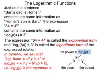 The Logarithmic Functions
Just as the sentence
“Bart's dad is Homer.”
contains the same information as
“Homer's son is Bart.” The expression
“64 = 43”
contains the same information as
“log4(64) = 3”.
The expression “64 = 43” is called the exponential form
and “log4(64) = 3” is called the logarithmic form of the
expressed relation.
In general, we say that
“log–base–b of y is x” or
logb(y) = x if y = bx (b > 0),
i.e. logb(y) is the exponent x.
the power = logb(y)
the base the output
b = y
x
 