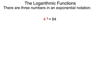 There are three numbers in an exponential notation.
The Logarithmic Functions
4 3 = 64
 
