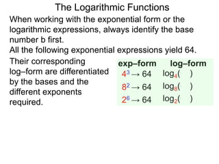 The Logarithmic Functions
When working with the exponential form or the
logarithmic expressions, always identify the base
number b first.
All the following exponential expressions yield 64.
43 → 64
82 → 64
26 → 64
log4(64)
log8(64)
log2(64)
exp–form log–formTheir corresponding
log–form are differentiated
by the bases and the
different exponents
required.
 