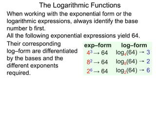 The Logarithmic Functions
When working with the exponential form or the
logarithmic expressions, always identify the base
number b first.
All the following exponential expressions yield 64.
43 → 64
82 → 64
26 → 64
log4(64) → 3
log8(64) → 2
log2(64) → 6
exp–form log–formTheir corresponding
log–form are differentiated
by the bases and the
different exponents
required.
 