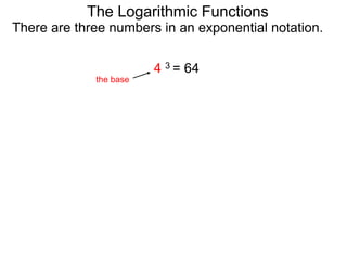 There are three numbers in an exponential notation.
The Logarithmic Functions
the base
4 3 = 64
 