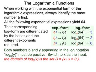 The Logarithmic Functions
When working with the exponential form or the
logarithmic expressions, always identify the base
number b first.
All the following exponential expressions yield 64.
43 → 64
82 → 64
26 → 64
log4(64) → 3
log8(64) → 2
log2(64) → 6
exp–form log–formTheir corresponding
log–form are differentiated
by the bases and the
different exponents
required.
Both numbers b and y appearing in the log notation
“logb(y)” must be positive. Switch to x as the input,
the domain of logb(x) is the set D = {x l x > 0 }.
 