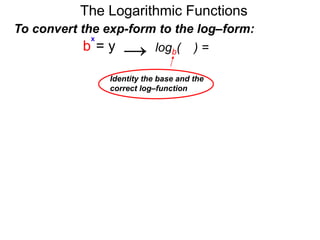 The Logarithmic Functions
To convert the exp-form to the log–form:
b = y
x
logb( y ) = x→
Identity the base and the
correct log–function
 