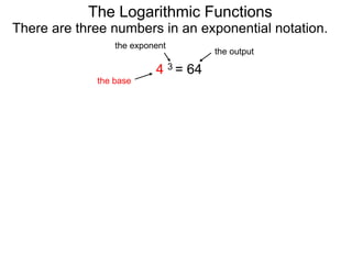 There are three numbers in an exponential notation.
The Logarithmic Functions
the exponent
the base
the output
4 3 = 64
 