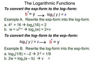 The Logarithmic Functions
Example B. Rewrite the log-form into the exp-form.
a. log3(1/9) = –2  3-2 = 1/9
b. 2w = logv(a – b)  v2w = a – b
Example A. Rewrite the exp-form into the log-form.
a. 42 = 16  log4(16) = 2
b. w = u2+v  logu(w) = 2+v
To convert the exp-form to the log–form:
b = y
x
logb( y ) = x→
To convert the log–form to the exp–form:
b = y
x
logb( y ) = x→
 