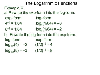 The Logarithmic Functions
Example C.
a. Rewrite the exp-form into the log-form.
4–3 = 1/64
8–2 = 1/64
log4(1/64) = –3
log8(1/64) = –2
exp–form log–form
b. Rewrite the log-form into the exp-form.
(1/2)–2 = 4log1/2(4) = –2
log1/2(8) = –3
exp–formlog–form
(1/2)–3 = 8
 