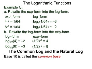 The Logarithmic Functions
Base 10 is called the common base.
The Common Log and the Natural Log
Example C.
a. Rewrite the exp-form into the log-form.
4–3 = 1/64
8–2 = 1/64
log4(1/64) = –3
log8(1/64) = –2
exp–form log–form
b. Rewrite the log-form into the exp-form.
(1/2)–2 = 4log1/2(4) = –2
log1/2(8) = –3
exp–formlog–form
(1/2)–3 = 8
 
