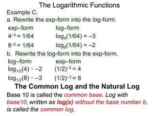 The Logarithmic Functions
Base 10 is called the common base. Log with
base10, written as log(x) without the base number b,
is called the common log,
The Common Log and the Natural Log
Example C.
a. Rewrite the exp-form into the log-form.
4–3 = 1/64
8–2 = 1/64
log4(1/64) = –3
log8(1/64) = –2
exp–form log–form
b. Rewrite the log-form into the exp-form.
(1/2)–2 = 4log1/2(4) = –2
log1/2(8) = –3
exp–formlog–form
(1/2)–3 = 8
 