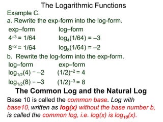 The Logarithmic Functions
Base 10 is called the common base. Log with
base10, written as log(x) without the base number b,
is called the common log, i.e. log(x) is log10(x).
The Common Log and the Natural Log
Example C.
a. Rewrite the exp-form into the log-form.
4–3 = 1/64
8–2 = 1/64
log4(1/64) = –3
log8(1/64) = –2
exp–form log–form
b. Rewrite the log-form into the exp-form.
(1/2)–2 = 4log1/2(4) = –2
log1/2(8) = –3
exp–formlog–form
(1/2)–3 = 8
 