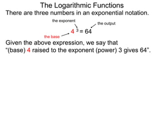 There are three numbers in an exponential notation.
Given the above expression, we say that
“(base) 4 raised to the exponent (power) 3 gives 64”.
The Logarithmic Functions
the exponent
the base
the output
4 3 = 64
 