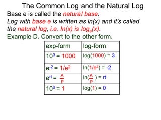 Base e is called the natural base.
Log with base e is written as ln(x) and it’s called
the natural log, i.e. In(x) is loge(x).
The Common Log and the Natural Log
Example D. Convert to the other form.
exp-form log-form
103 = 1000 log(1000) = 3
e-2 = 1/e2 ln(1/e2) = -2
ert = ln( ) = rt
100 = 1 log(1) = 0
A
P
A
P
 