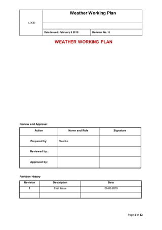LOGO
Weather Working Plan
Date Issued: February 6 2019 Revision No.: 0
Page 1 of 12
WEATHER WORKING PLAN
Review and Approval
Action Name and Role Signature
Prepared by: Dwarika
Reviewed by:
Approved by:
Revision History
Revision Description Date
1 First Issue 06-02-2019
 