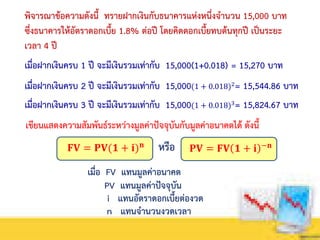 พิจารณาข้อความดังนี้ ทรายฝากเงินกับธนาคารแห่งหนึ่งจานวน 15,000 บาท
ซึ่งธนาคารให้อัตราดอกเบี้ย 1.8% ต่อปี โดยคิดดอกเบี้ยทบต้นทุกปี เป็นระยะ
เวลา 4 ปี
เมื่อฝากเงินครบ 1 ปี จะมีเงินรวมเท่ากับ 15,000(1+0.018) = 15,270 บาท
เมื่อฝากเงินครบ 2 ปี จะมีเงินรวมเท่ากับ 15,000(1 + 0.018)2
= 15,544.86 บาท
เมื่อฝากเงินครบ 3 ปี จะมีเงินรวมเท่ากับ 15,000(1 + 0.018)3= 15,824.67 บาท
เขียนแสดงความสัมพันธ์ระหว่างมูลค่าปัจจุบันกับมูลค่าอนาคตได้ ดังนี้
𝐅𝐕 = 𝐏𝐕(𝟏 + 𝐢) 𝐧
เมื่อ FV แทนมูลค่าอนาคต
PV แทนมูลค่าปัจจุบัน
i แทนอัตราดอกเบี้ยต่องวด
n แทนจานวนงวดเวลา
หรือ 𝐏𝐕 = 𝐅𝐕 𝟏 + 𝐢 −𝐧
 