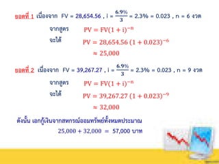ยอดที่ 1 เนื่องจาก FV = 28,654.56 , i =
𝟔.𝟗%
𝟑
= 2.3% = 0.023 , n = 6 งวด
PV = FV(1 + i)−nจากสูตร
PV = 28,654.56 1 + 0.023 −6
≈ 25,000
จะได้
ดังนั้น เอกกู้เงินจากสหกรณ์ออมทรัพย์ทั้งหมดประมาณ
25,000 + 32,000 = 57,000 บาท
ยอดที่ 2 เนื่องจาก FV = 39,267.27 , i =
𝟔.𝟗%
𝟑
= 2.3% = 0.023 , n = 9 งวด
PV = FV(1 + i)−nจากสูตร
PV = 39,267.27 1 + 0.023 −9
≈ 32,000
จะได้
 