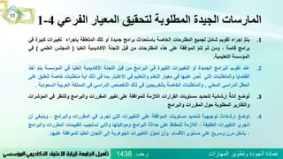 ‫الفرعي‬ ‫المعيار‬ ‫لتحقيق‬ ‫المطلوبة‬ ‫الجيدة‬ ‫المارسات‬4-1
.1ُُّ‫م‬‫يت‬‫إجراء‬‫تقويم‬‫شامل‬‫لجميع‬‫المقترحات‬‫الخاصة‬‫باستحداث‬‫برامج‬‫جديدة‬‫أو‬‫تلك‬‫المتعلقة‬‫بإجراء‬‫تغيي‬‫رات‬‫كبيرة‬‫في‬
‫برامج‬‫قائمة‬،‫ومن‬‫ثم‬ُّ‫م‬‫تت‬‫الموافقة‬‫على‬‫هذه‬‫المقترحات‬‫من‬‫قبل‬‫اللجنة‬‫األكاديمية‬‫العليا‬(‫المجلس‬‫العلمي‬)‫في‬
‫المؤسسة‬‫التعليمية‬.
.2‫عند‬‫تقويم‬‫البرامج‬‫الجديدة‬‫أو‬‫التغييرات‬‫الكبيرة‬‫في‬‫البرامج‬‫من‬‫بل‬‫ق‬‫اللجنة‬‫األكاديمية‬‫العليا‬‫في‬‫المؤس‬‫سة‬ُّ‫م‬‫يت‬‫أخذ‬
‫القضايا‬‫والمتطلبات‬‫التي‬ُّ‫ص‬‫ن‬‫عليها‬‫في‬‫معيار‬‫التعلم‬‫والتعليم‬‫في‬‫االعتبار‬‫بما‬‫في‬‫ذلك‬‫أية‬‫متطلبات‬‫خاصة‬‫تنطبق‬‫على‬
‫الحقل‬‫الدراسي‬‫المعني‬,‫والمتطلبات‬‫الخاصة‬‫بالخريجين‬‫في‬‫ذلك‬‫التخصص‬‫الدراسي‬‫في‬‫المملكة‬‫العربية‬‫ال‬‫سعودية‬.
.3‫وضع‬‫ت‬ُ‫أدلة‬‫إرشادية‬‫لتحديد‬‫مستويات‬‫القرارات‬‫الالزمة‬‫للموافقة‬‫على‬‫تغيير‬‫المقررات‬‫والبرامج‬‫وللنظر‬‫ف‬‫ي‬‫المؤشرات‬
‫والتقارير‬‫المطلوبة‬‫حول‬‫المقررات‬‫والبرامج‬
.4‫ت‬ُ‫وضع‬ُ‫إرشادات‬‫توجيهية‬‫لتحديد‬‫مستويات‬‫الموافقة‬‫على‬‫التغييرات‬‫التي‬‫تجرى‬‫في‬‫المقررات‬‫والبرامج‬،‫وينبغي‬‫أن‬
‫جرى‬‫تـ‬‫التغييرات‬‫الطفيفة‬،‫الالزمة‬‫للحفاظ‬‫على‬‫حداثة‬‫البرامج‬‫ومواكبتها‬‫والتي‬‫تستجيب‬‫لتقييمات‬‫ال‬‫مقررات‬‫والبرامج‬
،‫بشكل‬‫مرن‬‫وسريع‬‫على‬‫مستوى‬‫األقسام‬‫وأن‬‫ل‬‫تحو‬‫التغييرات‬‫الجوهرية‬‫إلى‬‫اللجان‬‫العليا‬‫للموافقة‬‫عل‬‫يها‬.
‫رجب‬ ‫المهارات‬ ‫وتطوير‬ ‫الجودة‬ ‫عمادة‬1438
11
 