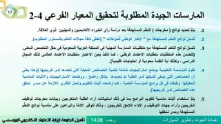 ‫الفرعي‬ ‫المعيار‬ ‫لتحقيق‬ ‫المطلوبة‬ ‫الجيدة‬ ‫المارسات‬4-2
.1ُُّ‫م‬‫يت‬‫تحديد‬‫نواتج‬(‫مخرجات‬)‫م‬ّ‫ل‬‫التع‬‫المستهدفة‬‫بعد‬‫دراسة‬‫رأي‬‫الخبراء‬‫األكاديميين‬‫والمهنيين‬‫ذوي‬‫ال‬‫عالقة‬.
.2ُ‫تتسق‬‫نواتج‬‫م‬ّ‫ل‬‫التع‬‫المستهدفة‬‫مع‬"‫اإلطار‬‫الوطني‬‫للمؤهالت‬"(‫تغطي‬‫كافة‬‫مجاالت‬‫م‬ّ‫ل‬‫التع‬‫بالمستوى‬‫ا‬‫لمطلوب‬).
.3ُ‫تتسق‬‫نواتج‬‫التعلم‬‫المستهدفة‬‫مع‬‫متطلبـات‬‫الممارسة‬‫المهنية‬‫في‬‫المملكة‬‫العربية‬‫السعودية‬‫في‬‫حقل‬‫ال‬‫تخصص‬‫المعني‬.
(‫تتضمن‬‫هذه‬‫المتطلبات‬‫متطلبات‬‫االعتماد‬‫الوطني‬،‫كما‬‫تأخذ‬‫بعين‬‫االعتبار‬‫متطلبات‬‫االعتماد‬‫العالمي‬‫لذلك‬‫ا‬‫لمجال‬
‫الدراسي‬،‫وكذلك‬‫أية‬‫أنظمة‬‫سعودية‬‫أو‬‫احتياجات‬‫إقليمية‬).
.4ُ‫تقوم‬‫المؤسسة‬‫التعليمية‬‫بوضع‬‫استراتيجيات‬‫شاملة‬‫لتنمية‬‫الخصائص‬‫المعينة‬‫التي‬‫تحددها‬‫لدى‬‫خري‬‫جيها‬(‫وهذا‬‫يعني‬
‫أن‬‫الخصائص‬‫التي‬‫ينبغي‬‫تنميتها‬‫لدى‬‫الطلبة‬ُّ‫م‬‫ت‬‫تحديدها‬‫بشكل‬‫واضح‬،‫ووضعت‬‫االستراتيجيات‬‫واآل‬‫ات‬ّ‫ي‬‫ل‬‫المناسبة‬
‫لتحقيقها‬‫وطبقت‬‫في‬‫كل‬‫برامج‬‫المؤسسة‬‫العلمية‬،‫كما‬‫ضعت‬‫و‬ُ‫ات‬ّ‫ي‬‫آل‬‫للتقويم‬‫ولعمل‬‫التقارير‬‫الالزمة‬‫عن‬‫مـدى‬‫تحقق‬
‫هذه‬‫الخصائص‬‫لدى‬‫خريجيها‬).
.5ُُّ‫م‬‫يت‬‫استخدام‬‫ات‬ّ‫ي‬‫آل‬‫مناسبة‬‫لتقويم‬‫البرامج‬‫بما‬‫في‬‫ذلك‬‫استبيانات‬‫أراء‬‫الطلبة‬‫المتخرجين‬‫وبيانات‬‫م‬‫خرجات‬‫توظيف‬
‫الخريجين‬‫وأراء‬‫جهات‬‫التوظيف‬‫و‬‫األداء‬‫الالحق‬‫للخريجين‬،‫وذلك‬‫لتوفير‬‫األدلة‬‫والبراهين‬‫على‬‫مناسبة‬‫نوات‬‫ج‬‫م‬ُّ‫ل‬‫التع‬
‫المستهدفة‬‫ومدى‬‫تحققها‬
‫رجب‬ ‫المهارات‬ ‫وتطوير‬ ‫الجودة‬ ‫عمادة‬1438
17
 