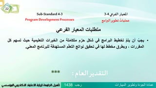 Sub-Standard 4-3
Program DevelopmentProcesses
‫املعيار‬‫الفرعي‬4-3
‫امج‬‫ر‬‫الب‬‫تطوير‬
ُ
‫عمليات‬
‫العام‬‫التقدير‬:***
‫الفرعي‬ ‫المعيار‬ ‫متطلبات‬
•ُ‫يجب‬‫أن‬ُ‫يتم‬‫تخطيط‬‫البرامج‬‫في‬‫شكل‬‫حزم‬‫متكاملة‬‫من‬‫الخبرات‬‫التعليمية‬‫حيث‬‫ت‬‫سهم‬‫كل‬
‫المقررات‬،‫وبطرق‬‫مخطط‬‫لها‬‫في‬‫تحقيق‬‫نواتج‬‫م‬ّ‫ل‬‫التع‬‫المستهدفة‬‫للبرنامج‬‫المعني‬.
‫رجب‬ ‫المهارات‬ ‫وتطوير‬ ‫الجودة‬ ‫عمادة‬1438
22
 