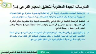 ‫الفرعي‬ ‫المعيار‬ ‫لتحقيق‬ ‫المطلوبة‬ ‫الجيدة‬ ‫المارسات‬4-3
.5ُُّ‫م‬‫تت‬‫متابعة‬‫المجاالت‬‫األكاديمية‬‫والمهنية‬‫التي‬ُّ‫د‬‫ع‬‫ي‬‫الطلبة‬‫لها‬‫بصورة‬‫مستمرة‬‫مع‬‫ات‬‫خاذ‬‫التعديالت‬
‫الضرورية‬‫في‬‫البرامج‬‫وفي‬‫المحتوى‬‫والمراجع‬‫رة‬ّ‫المقر‬‫لضمان‬‫استمرارية‬‫مواءمتها‬‫وجودت‬‫ها‬.
.6‫ت‬ُ‫ستخدم‬‫المؤسسة‬‫التعليمية‬‫في‬‫كافة‬‫البرامج‬‫والتخصصات‬‫المهنية‬‫ا‬ً‫ق‬‫ر‬‫ف‬‫استشار‬‫ية‬‫مستمرة‬‫يشارك‬
‫في‬‫عضويتها‬‫ممارسون‬‫متميزون‬‫في‬‫المهن‬‫والوظائف‬‫ذات‬‫العالقة‬‫بالبرامج‬‫للمتابعة‬‫ولتق‬‫ديم‬
‫المشورة‬‫حول‬‫محتوى‬‫وجودة‬‫البرامج‬.
.7ُُّ‫م‬‫يت‬ُ‫تقييم‬‫وقبول‬‫أو‬‫رفض‬‫مقترحات‬‫البرامج‬‫الجديدة‬‫أو‬‫التعديالت‬‫الجوهرية‬‫للبرامج‬‫من‬‫بل‬‫ق‬‫اللجنة‬
‫األكاديمية‬‫العليا‬‫في‬‫المؤسسة‬‫التعليمية‬،‫وذلك‬‫باستخدام‬‫المحكات‬‫التي‬‫تكفل‬‫إجراء‬‫مش‬‫اورات‬
‫مناسبة‬‫وشاملة‬‫في‬‫عملية‬‫التخطيط‬‫والقدرة‬‫على‬‫التنفيذ‬‫ال‬ّ‫ع‬‫الف‬‫للبرنامج‬
‫رجب‬ ‫المهارات‬ ‫وتطوير‬ ‫الجودة‬ ‫عمادة‬1438
24
 