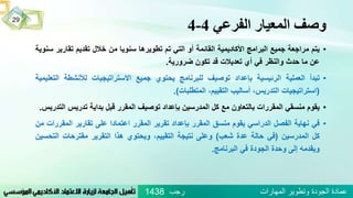 ‫الفرعي‬ ‫المعيار‬ ‫وصف‬4-4
‫رجب‬ ‫المهارات‬ ‫وتطوير‬ ‫الجودة‬ ‫عمادة‬1438
29
•‫يتم‬‫مراجعة‬‫جميع‬‫البرامج‬‫األكاديمية‬‫القائمة‬‫أو‬‫التي‬‫تم‬‫تطويرها‬‫سنويا‬‫من‬‫خالل‬‫تقديم‬‫تقار‬‫ير‬‫سنوية‬
‫عن‬‫ما‬‫حدث‬‫والنظر‬‫في‬‫أي‬‫تعديالت‬‫قد‬‫تكون‬‫ضرورية‬.
•‫تبدأ‬‫العملية‬‫الرئيسية‬‫بإعداد‬‫توصيف‬‫للبرنامج‬‫يحتوي‬‫جميع‬‫االستراتيجيات‬‫لألنشطة‬‫ا‬‫لتعليمية‬
(‫استراتيجيات‬،‫التدريس‬‫أساليب‬،‫التقييم‬‫المتطلبات‬).
•‫يقوم‬‫منسقي‬‫المقررات‬‫بالتعاون‬‫مع‬‫كل‬‫المدرسين‬‫بإعداد‬‫توصيف‬‫المقرر‬‫قبل‬‫بداية‬‫تدريس‬‫التدريس‬.
•‫في‬‫نهاية‬‫الفصل‬‫الدراسي‬‫يقوم‬‫منسق‬‫المقرر‬‫بإعداد‬‫تقرير‬‫المقرر‬‫اعتمادا‬‫على‬‫تقارير‬‫المق‬‫ررات‬‫من‬
‫كل‬‫المدرسين‬(‫في‬‫حالة‬‫عدة‬‫شعب‬)‫وعلى‬‫نتيجة‬،‫التقييم‬‫ويحتوي‬‫هذا‬‫التقرير‬‫مقترحات‬‫الت‬‫حسين‬
‫ويقدمه‬‫إلى‬‫وحدة‬‫الجودة‬‫في‬‫البرنامج‬.
 