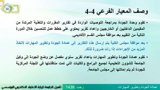 ‫الفرعي‬ ‫المعيار‬ ‫وصف‬4-4
‫رجب‬ ‫المهارات‬ ‫وتطوير‬ ‫الجودة‬ ‫عمادة‬1438
30
•‫ت‬‫قوم‬‫وحدة‬‫الجودة‬‫بمراجعة‬‫التوصيات‬‫الواردة‬‫في‬‫تقارير‬‫المقررات‬‫والتغذية‬‫المرتدة‬‫م‬‫ن‬
‫المقيمين‬‫الداخليين‬‫أو‬‫الخارجيين‬‫وإعداد‬‫تقرير‬‫يحتوي‬‫على‬‫خطط‬‫عمل‬‫للتحسين‬‫خال‬‫ل‬‫الدورة‬
‫التالية‬‫من‬‫التقييم‬‫بعد‬‫موافقة‬‫مجلس‬‫القسم‬‫األكاديمي‬.
•‫بعد‬‫موافقة‬‫مجلس‬‫الكلية‬‫يتم‬‫إرسال‬‫هذه‬‫التقارير‬‫إلى‬‫عمادة‬‫الجودة‬‫وتطوير‬‫المهارات‬‫ال‬‫تخاذ‬
‫المزيد‬‫من‬‫اإلجراءات‬‫إذا‬‫رأت‬‫ضرورة‬‫لذلك‬.
•‫تقوم‬‫عمادة‬‫الجودة‬‫وتطوير‬‫المهارات‬‫بإعداد‬‫تقرير‬‫سنوي‬‫مفصل‬‫عن‬‫وضع‬‫الجودة‬‫إلى‬‫وك‬‫يل‬
‫الجامعة‬‫للشؤون‬‫التعليمية‬‫لجميع‬‫البرامج‬‫والكليات‬‫التي‬‫تمت‬‫مناقشتها‬‫في‬‫اللجنة‬‫المركزية‬
‫للجودة‬‫ثم‬‫يتم‬‫إحالتها‬‫إلى‬‫مجلس‬‫الجامعة‬.
 