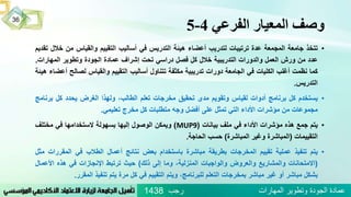 ‫الفرعي‬ ‫المعيار‬ ‫وصف‬4-5
‫رجب‬ ‫المهارات‬ ‫وتطوير‬ ‫الجودة‬ ‫عمادة‬1438
36
•‫تتخذ‬‫جامعة‬‫المجمعة‬‫عدة‬‫ترتيبات‬‫لتدريب‬‫أعضاء‬‫هيئة‬‫التدريس‬‫في‬‫أساليب‬‫التقييم‬‫والقياس‬‫من‬‫خ‬‫الل‬‫تقديم‬
‫عدد‬‫من‬‫ورش‬‫العمل‬‫والدورات‬‫التدريبية‬‫خالل‬‫كل‬‫فصل‬‫دراسي‬‫تحت‬‫إشراف‬‫عمادة‬‫الجودة‬‫وتطوير‬‫المهارات‬.
‫كما‬‫نظمت‬‫أغلب‬‫الكليات‬‫في‬‫الجامعة‬‫دورات‬‫تدريبية‬‫مكثفة‬‫تتناول‬‫أساليب‬‫التقييم‬‫والقياس‬‫لصالح‬‫أعضاء‬‫هيئة‬
‫التدريس‬.
•‫يستخدم‬‫كل‬‫برنامج‬‫أدوات‬‫لقياس‬‫وتقويم‬‫مدى‬‫تحقيق‬‫مخرجات‬‫تعلم‬،‫الطالب‬‫ولهذا‬‫الغرض‬‫يحدد‬‫كل‬‫بر‬‫نامج‬
‫مجموعات‬‫من‬‫مؤشرات‬‫األداء‬‫التي‬‫تمثل‬‫على‬‫أفضل‬‫وجه‬‫متطلبات‬‫كل‬‫مخرج‬‫تعليمي‬.
•‫يتم‬‫جمع‬‫هذه‬‫مؤشرات‬‫األداء‬‫في‬‫ملف‬‫بيانات‬(MUP9)‫ويمكن‬‫الوصول‬‫إليها‬‫بسهولة‬‫الستخدامها‬‫في‬‫مختلف‬
‫التقييمات‬(‫المباشرة‬‫وغير‬‫المباشرة‬)‫حسب‬‫الحاجة‬.
•‫يتم‬‫تنفيذ‬‫عملية‬‫تقييم‬‫المخرجات‬‫بطريقة‬‫مباشرة‬‫باستخدام‬‫بعض‬‫نتائج‬‫أعمال‬‫الطالب‬‫في‬‫المقرر‬‫ات‬‫مثل‬
(‫االمتحانات‬‫والمشاريع‬‫والعروض‬‫والواجبات‬،‫المنزلية‬‫وما‬‫إلى‬‫ذلك‬)‫حيث‬‫ترتبط‬‫اإلنجازات‬‫في‬‫هذه‬‫األعم‬‫ال‬
‫بشكل‬‫مباشر‬‫أو‬‫غير‬‫مباشر‬‫بمخرجات‬‫التعلم‬،‫للبرنامج‬‫ويتم‬‫التقييم‬‫في‬‫كل‬‫مرة‬‫يتم‬‫تنفيذ‬‫المقر‬‫ر‬.
 