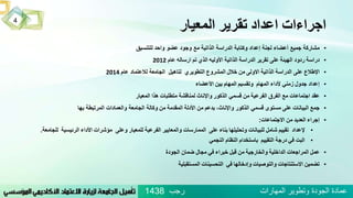 ‫المعيار‬ ‫تقرير‬ ‫اعداد‬ ‫اجراءات‬
•‫مشاركة‬‫جميع‬‫أعضاء‬‫لجنة‬‫إعداد‬‫وكتابة‬‫الدراسة‬‫الذاتية‬‫مع‬‫وجود‬‫عضو‬‫واحد‬‫للتنسيق‬
•‫د‬‫ر‬‫ا‬‫س‬‫ة‬‫ردود‬‫الهيئة‬‫على‬‫تقرير‬‫الدراسة‬‫الذاتية‬‫األوليه‬‫الذي‬‫تم‬‫ارساله‬‫عام‬2012
•‫اإلطالع‬‫على‬‫الدراسة‬‫الذاتية‬‫االول‬‫ى‬‫من‬‫خالل‬‫المشروع‬‫التطويري‬‫لتاهيل‬‫ا‬‫لجامعة‬‫لالعتماد‬‫عام‬2014
•‫إعداد‬‫جدول‬‫زمني‬‫ألداء‬‫المهام‬‫وتقسيم‬‫المهام‬‫بين‬‫األعضاء‬
•‫عقد‬‫اجتماعات‬‫مع‬‫الفرق‬‫الفرعية‬‫من‬‫قسمي‬‫الذكور‬‫واإلناث‬‫لمناقشة‬‫متطلبات‬‫هذا‬‫المعيار‬
•‫جمع‬‫البيانات‬‫على‬‫مستوى‬‫قسمي‬‫ال‬‫ذكور‬‫واإل‬‫ناث‬،‫بدعم‬‫من‬‫األدلة‬‫المقدمة‬‫من‬‫وكالة‬‫الجامعة‬‫والعمادات‬‫المرتبطة‬‫بها‬
•‫إجراء‬‫العديد‬‫من‬‫االجتماعات‬:
•‫إلعداد‬‫تقييم‬‫شامل‬‫للبيانات‬‫وتحليلها‬‫بناء‬‫عل‬‫ى‬‫الممارسات‬‫والمعايير‬‫الفرعية‬‫للمعيار‬‫و‬‫على‬‫مؤشرات‬‫األداء‬‫الرئيسية‬‫ل‬‫لجامعة‬.
•‫البت‬‫في‬‫درجة‬‫التقييم‬‫باستخدام‬‫النظام‬‫النجمي‬
•‫عمل‬‫ال‬‫مراجعات‬‫الداخلية‬‫والخارجية‬‫من‬‫قبل‬‫خبراء‬‫في‬‫مجال‬‫ضمان‬‫الجودة‬
•‫تضمين‬‫االستنتاجات‬‫والتوصيات‬‫و‬‫إدخالها‬‫في‬‫التحسينات‬‫المستقبلية‬
‫رجب‬ ‫المهارات‬ ‫وتطوير‬ ‫الجودة‬ ‫عمادة‬1438
4
 