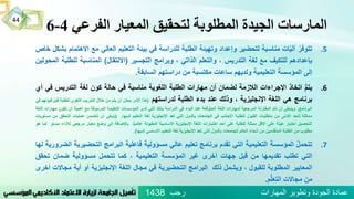 ‫الفرعي‬ ‫المعيار‬ ‫لتحقيق‬ ‫المطلوبة‬ ‫الجيدة‬ ‫المارسات‬4-6
.5ُ‫تتوفر‬‫ات‬ّ‫ي‬‫آل‬‫مناسبة‬‫لتحضير‬‫وإعداد‬‫وتهيئة‬‫الطلبة‬‫للدراسة‬‫في‬‫بيئة‬‫التعليم‬‫العالي‬‫مع‬‫اال‬‫هتمام‬‫بشكل‬‫خاص‬
‫بإعدادهم‬‫للتكيف‬‫مع‬‫لغة‬‫التدريس‬،‫والتعلم‬‫الذاتي‬،‫وبرامج‬‫التجسير‬(‫االنتقال‬)‫المناسبة‬‫للطلب‬‫ة‬‫المحولين‬
‫إلى‬‫المؤسسة‬‫التعليمية‬‫ولديهم‬‫ساعات‬‫مكتسبة‬‫من‬‫دراستهم‬‫السابقة‬.
.6ُُّ‫م‬‫يت‬‫اتخاذ‬‫اإلجراءات‬‫الالزمة‬‫لضمان‬‫أن‬‫مهارات‬‫الطلبة‬‫اللغوية‬‫مناسبة‬‫في‬‫حالة‬‫كون‬‫لغة‬‫التدريس‬‫ف‬‫ي‬‫أي‬
‫برنامج‬‫هي‬‫اللغة‬‫اإلنجليزية‬،‫وذلك‬‫عند‬‫بدء‬‫الطلبة‬‫لدراستهم‬(‫هذا‬‫األمر‬‫يمكن‬‫أن‬‫يتم‬‫من‬‫خالل‬‫التدريب‬‫اللغوي‬‫للطلبة‬‫ق‬‫بل‬‫قبولهم‬‫في‬
‫البرنامج‬.‫وينبغي‬‫أن‬ُّ‫م‬‫تت‬‫المقارنة‬‫المرجعية‬‫لمهارات‬‫اللغة‬‫المتوقعة‬‫عند‬‫البدء‬‫في‬‫الدراسة‬‫بتلك‬‫التي‬‫لدى‬‫المؤسسات‬‫التعليمة‬‫المرموقة‬‫مع‬‫أهمية‬‫أن‬‫تك‬‫ون‬‫مهارات‬‫اللغة‬
‫مماثلة‬‫للحد‬‫األدنى‬‫من‬‫متطلبات‬‫القبول‬‫للطلبة‬‫األجانب‬‫في‬‫الجامعات‬‫بالدول‬‫التي‬‫تعد‬‫اإلنجليزية‬‫لغة‬‫التعليم‬‫لديها‬.(‫ينبغي‬‫أن‬‫تتضمن‬‫عمليات‬‫التحق‬‫ق‬‫من‬‫مستويات‬
‫التحصيل‬‫اختبار‬‫عينة‬‫على‬‫األقل‬‫ممثلة‬‫للطلبة‬‫على‬‫أحد‬‫اختبارات‬‫اللغة‬‫اإلنجليزية‬‫األساسية‬‫المقبولة‬‫ا‬ًّ‫ي‬‫عالم‬‫باإلضافة‬‫إلى‬‫وضع‬‫معيار‬‫مرجعي‬‫لألد‬‫اء‬ُ‫مساو‬‫لما‬‫هو‬
‫مطلوب‬‫من‬‫الطلبة‬‫المتقدمين‬‫من‬‫أنحاء‬‫العالم‬‫للجامعات‬‫بالدول‬‫التي‬‫عد‬‫ت‬‫اإلنجليزية‬‫لغة‬‫التعليم‬‫األساسي‬‫لديها‬).
.7ُ‫تتحمل‬‫المؤسسة‬‫التعليمية‬‫التي‬‫تقدم‬‫برنامج‬‫تعليم‬‫عالي‬‫مسؤولية‬‫فاعلية‬‫البرامج‬‫التحضير‬‫ية‬‫الضرورية‬‫لها‬
‫التي‬‫تطلب‬‫تقديمها‬‫من‬‫قبل‬‫جهات‬‫أخرى‬‫غير‬‫المؤسسة‬‫التعليمية‬،‫كما‬‫تتحمل‬‫مسؤولية‬‫ضمان‬‫تحق‬‫ق‬
‫المعايير‬‫المطلوبة‬‫للقبول‬،‫ويشمل‬‫ذلك‬‫البرامج‬‫التحضيرية‬‫في‬‫مجال‬‫اللغة‬‫اإلنجليزية‬‫أو‬‫أية‬‫مج‬‫االت‬‫أخرى‬
‫من‬‫مجاالت‬‫م‬ُّ‫ل‬‫التع‬.
‫رجب‬ ‫المهارات‬ ‫وتطوير‬ ‫الجودة‬ ‫عمادة‬1438
44
 