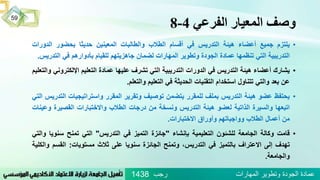 ‫الفرعي‬ ‫المعيار‬ ‫وصف‬4-8
‫رجب‬ ‫المهارات‬ ‫وتطوير‬ ‫الجودة‬ ‫عمادة‬1438
59
•‫يلتزم‬‫جميع‬‫أعضاء‬‫هيئة‬‫التدريس‬‫في‬‫أقسام‬‫الطالب‬‫والطالبات‬‫المعينين‬‫حديثا‬‫بحضور‬‫الدو‬‫رات‬
‫التدريبية‬‫التي‬‫تنظمها‬‫عمادة‬‫الجودة‬‫وتطوير‬‫المهارات‬‫لضمان‬‫جاهزيتهم‬‫للقيام‬‫بأدوارهم‬‫في‬‫الت‬‫دريس‬.
•‫يشارك‬‫أعضاء‬‫هيئة‬‫التدريس‬‫في‬‫الدورات‬‫التدريبية‬‫التي‬‫تشرف‬‫عليها‬‫عمادة‬‫التعليم‬‫اإللكت‬‫روني‬‫والتعليم‬
‫عن‬‫بعد‬‫والتي‬‫تتناول‬‫استخدام‬‫التقنيات‬‫الحديثة‬‫في‬‫التعليم‬‫والتعلم‬.
•‫يحتفظ‬‫عضو‬‫هيئة‬‫التدريس‬‫بملف‬‫للمقرر‬‫يتضمن‬‫توصيف‬‫وتقرير‬‫المقرر‬‫واستراتيجيات‬‫التدريس‬‫التي‬
‫اتبعها‬‫والسيرة‬‫الذاتية‬‫لعضو‬‫هيئة‬‫التدريس‬‫ونسخة‬‫من‬‫درجات‬‫الطالب‬‫واالختبارات‬‫القصيرة‬‫و‬‫عينات‬
‫من‬‫أعمال‬‫الطالب‬‫وواجباتهم‬‫وأوراق‬‫االختبارات‬.
•‫قامت‬‫وكالة‬‫الجامعة‬‫للشئون‬‫التعليمية‬‫بإنشاء‬"‫جائزة‬‫التميز‬‫في‬‫التدريس‬"‫التي‬‫تمنح‬‫سن‬‫ويا‬‫والتي‬
‫تهدف‬‫إلى‬‫االعتراف‬‫بالتميز‬‫في‬،‫التدريس‬‫وتمنح‬‫الجائزة‬‫سنويا‬‫على‬‫ثالث‬‫مستويات‬:‫القس‬‫م‬‫والكلية‬
‫والجامعة‬.
 