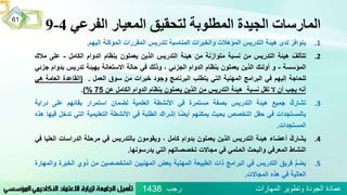 ‫الفرعي‬ ‫المعيار‬ ‫لتحقيق‬ ‫المطلوبة‬ ‫الجيدة‬ ‫المارسات‬4-9
.1ُ‫يتوافر‬‫لدى‬‫هيئة‬‫التدريس‬‫المؤهالت‬‫والخبرات‬‫المناسبة‬‫لتدريس‬‫المقررات‬‫الموكلة‬‫إليهم‬.
.2ُ‫تتألف‬‫هيئة‬‫التدريس‬‫من‬‫نسبة‬‫متوازنة‬‫من‬‫هيئة‬‫التدريس‬‫الذين‬‫يعملون‬‫بنظام‬‫الدوام‬‫الكامل‬-‫على‬‫مالك‬
‫المؤسسة‬-‫و‬‫أولئك‬‫الذين‬‫يعملون‬‫بنظام‬‫الدوام‬‫الجزئي‬،‫وذلك‬‫في‬‫حالة‬‫االستعانة‬‫بهيئة‬‫تدريس‬‫بدو‬‫ام‬‫جزئي‬
‫للحاجة‬‫إليهم‬‫في‬‫البرامج‬‫المهنية‬‫التي‬‫يتطلب‬‫البرنامج‬‫وجود‬‫خبرات‬‫من‬‫سوق‬‫العمل‬.(‫القاعدة‬‫العامة‬‫ه‬‫ي‬
‫أنه‬‫يجب‬‫أن‬‫ال‬‫تقل‬‫نسبة‬‫هيئة‬‫التدريس‬‫من‬‫الذين‬‫يعملون‬‫بنظام‬‫الدوام‬‫الكامل‬‫عن‬75%).
.3ُ‫تشارك‬‫جميع‬‫هيئة‬‫التدريس‬‫بصفة‬‫مستمرة‬‫في‬‫األنشطة‬‫العلمية‬‫لضمان‬‫استمرار‬‫بقائهم‬‫على‬‫دراي‬‫ة‬
‫بالمستجدات‬‫في‬‫حقل‬‫التخصص‬‫بحيث‬‫يمكنهم‬‫ًا‬‫ض‬‫أي‬‫إشراك‬‫الطلبة‬‫في‬‫األنشطة‬‫التعليمية‬‫التي‬‫ت‬‫دخل‬‫فيها‬‫هذه‬
‫المستجدات‬.
.4ُ‫يشارك‬‫أعضاء‬‫هيئة‬‫التدريس‬‫الذين‬‫يعملون‬‫بدوام‬‫كامل‬،‫ويقومون‬‫بالتدريس‬‫في‬‫مرحلة‬‫الدراسات‬‫ال‬‫عليا‬‫في‬
‫النشاط‬‫المعرفي‬‫والبحث‬‫العـلمي‬‫في‬‫مجاالت‬‫تخصصاتهم‬‫التي‬‫يدرسونها‬.
.5ُُّ‫م‬‫يض‬‫فريق‬‫التدريس‬‫في‬‫البرامج‬‫ذات‬‫الطبيعة‬‫المهنية‬‫بعض‬‫المهنيين‬‫المتخصصين‬‫من‬‫ذوي‬‫الخ‬‫برة‬‫والمهارة‬
‫العالية‬‫في‬‫هذه‬‫المجاالت‬.
‫رجب‬ ‫المهارات‬ ‫وتطوير‬ ‫الجودة‬ ‫عمادة‬1438
61
 