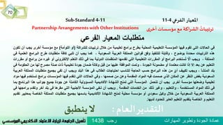 Sub-Standard 4-11
Partnership Arrangements with Other Institutions
‫املعيار‬‫الفرعي‬4-11
‫ى‬‫أخر‬ ‫مؤسسات‬ ‫مع‬ ‫اكة‬‫ر‬‫الش‬
ُ
‫ترتيبات‬
‫العام‬‫التقدير‬:‫ينطبق‬‫ال‬
‫الفرعي‬ ‫المعيار‬ ‫متطلبات‬
‫في‬‫الحاالت‬‫التي‬‫تقوم‬‫فيها‬‫المؤسسة‬‫التعليمية‬‫المحلية‬‫بطرح‬‫برامج‬‫تعليمية‬‫من‬‫خالل‬‫ترتيبات‬‫للشراكة‬(‫أو‬‫التوأمة‬)‫مع‬‫مؤسسة‬‫أخرى‬‫ي‬‫جب‬‫أن‬‫تكون‬
‫هذه‬‫الترتيبات‬‫محددة‬‫بوضوح‬،‫وقابلة‬‫للتنفيذ‬‫وفق‬‫قوانين‬‫المملكة‬‫العربية‬‫السعودية‬،‫كما‬‫يجب‬‫أن‬‫تلبي‬‫كافة‬‫متطلبات‬‫طرح‬‫البرامج‬‫العلمية‬‫في‬
‫المملكة‬،‫ويجب‬ُ‫أال‬‫ستخدم‬‫ت‬‫البرامج‬‫أو‬‫المقررات‬‫التعليمية‬‫التي‬‫تقدمها‬‫المنظمات‬‫الدولية‬‫بما‬‫في‬‫ذلك‬‫التعلم‬‫اإللكتروني‬‫أو‬‫غيره‬‫من‬‫ب‬‫رامج‬‫أو‬‫مقررات‬
‫التعليم‬‫عن‬‫بعد‬‫إال‬‫إذا‬‫كانت‬‫معتمدة‬‫أو‬‫مضمونة‬‫الجودة‬،‫وتمت‬‫الموافقة‬‫عليها‬‫من‬‫بل‬‫ق‬‫وكالة‬‫ضمان‬‫جودة‬‫تعليمية‬‫ذات‬‫صلة‬‫مصرح‬‫لها‬‫من‬‫الح‬‫كومة‬‫في‬
‫بلد‬‫المنشأ‬،‫ويجب‬‫تكييف‬ُّ‫أي‬‫من‬‫هذه‬‫البرامج‬‫حسب‬‫الحاجة‬‫لتناسب‬‫احتياجات‬‫الطالب‬‫في‬‫هذا‬‫البلد‬‫ويجب‬‫أن‬‫تفي‬‫بجميع‬‫متطلبات‬‫المم‬‫لكة‬‫العربية‬
‫السعودية‬‫بغض‬‫النظر‬‫عن‬‫المكان‬‫الذي‬‫صممت‬‫فيه‬‫المواد‬‫المقدمة‬‫وعن‬‫من‬‫صممها‬،‫وفي‬‫الحاالت‬‫التي‬‫قدم‬‫تـ‬‫فيها‬‫المؤسسات‬ُ‫برامج‬‫تستخ‬‫دم‬‫فيها‬‫مواد‬
‫تعليمية‬‫وضعتها‬‫مؤسسة‬‫أخرى‬‫يجب‬‫أن‬‫تتحمل‬ُ‫المؤسسة‬‫التي‬‫تمنح‬‫الشهادة‬‫األكاديمية‬ُ‫المسؤولية‬‫الكاملة‬‫عن‬‫جودة‬‫جميع‬‫جوانب‬‫هذا‬‫ال‬‫برنامج‬‫بما‬
‫في‬‫ذلك‬‫المواد‬‫المستخدمة‬،‫والتعليم‬،‫وغير‬‫ذلك‬‫من‬‫الخدمات‬‫المقدمة‬.‫ويجب‬‫أن‬‫تـفي‬‫المؤسسة‬‫األجنبية‬‫التي‬‫مقرها‬‫في‬‫بلد‬‫آخر‬‫وتقدم‬‫بر‬‫امجها‬‫في‬
‫المملكة‬‫العربية‬‫السعودية‬‫من‬‫خالل‬‫وكيل‬‫سعودي‬‫أو‬‫مؤسسة‬‫محلية‬‫تمنح‬‫الشهادة‬‫األكاديمية‬‫باسمها‬‫بجميع‬‫متطلبات‬‫المملكة‬‫الخاصة‬‫بمعاي‬‫ير‬‫تقديم‬
‫التعليم‬‫و‬‫الخاصة‬‫بتقديم‬‫التعليم‬‫العابر‬‫للحدود‬‫لديها‬.
‫رجب‬ ‫المهارات‬ ‫وتطوير‬ ‫الجودة‬ ‫عمادة‬1438
70
 