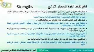 ‫الرابع‬ ‫للمعيار‬ ‫القوة‬ ‫نقاط‬ ‫اهم‬Strengths
•‫توافر‬‫نظام‬‫الكتروني‬‫للقبول‬‫و‬‫التسجيل‬E-Register‫يمكن‬‫استخدامه‬‫لمتابعة‬‫مدى‬‫تقدم‬‫الطالب‬‫وتحديد‬‫معدالت‬
‫اتمامهم‬‫للبرنامج‬‫بسهولة‬‫وبشكل‬‫مناسب‬.
•‫تهيئة‬‫و‬‫إعداد‬‫الطالب‬‫الجدد‬‫بصورة‬‫جيدة‬‫لتأهيلهم‬‫للدراسة‬‫في‬‫بيئة‬‫الجامعة‬
•‫تفعيل‬‫نظام‬‫غياب‬‫الطالب‬‫الكترونيا‬‫خالل‬‫العام‬‫الدراسي‬1436-1437‫ه‬
•‫مناقشة‬‫نتائج‬‫عدد‬‫من‬‫تقارير‬‫المقررات‬‫واستطالعات‬‫الرأي‬‫على‬‫مستوى‬‫مجالس‬‫األقسام‬‫والبرامج‬‫واللجنة‬
‫المركزية‬‫للجودة‬‫في‬‫بعض‬‫الكليات‬
•‫تعقد‬‫عمادة‬‫الجودة‬‫وتطوير‬‫المهارات‬‫جلسات‬‫تدريبية‬‫ألعضاء‬‫هيئة‬‫التدريس‬‫من‬‫خالل‬‫خطط‬‫التدريب‬‫السن‬‫وية‬‫بناء‬
‫على‬‫دراسة‬‫االحتياجات‬
•‫تنظيم‬‫دورات‬‫تدريبية‬‫على‬‫نظام‬‫التعليم‬‫اإللكتروني‬‫وبناء‬‫االختبارات‬‫اإللكترونية‬‫واستخدام‬‫السبور‬‫ات‬‫الذكية‬
‫ألعضاء‬‫هيئة‬‫التدريس‬
•‫يتم‬‫تشجيع‬‫أعضاء‬‫هيئة‬‫التدريس‬‫على‬‫حضور‬‫الدورات‬‫التدريبية‬‫الداخلية‬‫والخارجية‬
•‫يراقب‬‫رئيس‬‫القسم‬‫ويستخدم‬‫مدى‬‫مشاركة‬‫أعضاء‬‫هيئة‬‫التدريس‬‫في‬‫أنشطة‬‫التطوير‬‫الوظيفي‬‫والمهني‬‫في‬‫تقييم‬
‫أدائهم‬
76
‫رجب‬ ‫المهارات‬ ‫وتطوير‬ ‫الجودة‬ ‫عمادة‬1438
 
