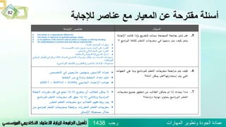 ‫لإلجابة‬ ‫عناصر‬ ‫مع‬ ‫المعيار‬ ‫عن‬ ‫مقترحة‬ ‫أسئلة‬
82
‫رجب‬ ‫المهارات‬ ‫وتطوير‬ ‫الجودة‬ ‫عمادة‬1438
 