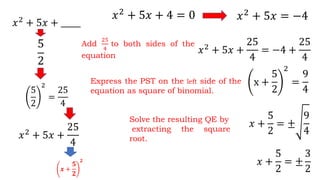 𝑥2
+ 5𝑥 + 4 = 0
𝑥2
+ 5𝑥 + _____
5
2
5
2
2
=
25
4
𝑥2
+ 5𝑥 +
25
4
𝑥2
+ 5𝑥 +
25
4
= −4 +
25
4
Add
25
4
to both sides of the
equation
Express the PST on the left side of the
equation as square of binomial.
x +
5
2
2
=
9
4
Solve the resulting QE by
extracting the square
root.
𝒙 +
𝟓
𝟐
𝟐
𝑥 +
5
2
= ±
9
4
𝑥 +
5
2
= ±
3
2
𝑥2
+ 5𝑥 = −4
 