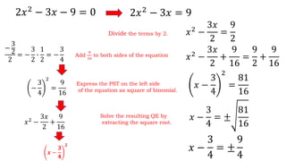 2𝑥2
− 3𝑥 − 9 = 0
Add
9
16
to both sides of the equation
Express the PST on the left side
of the equation as square of binomial.
Solve the resulting QE by
extracting the square root.
2𝑥2
− 3𝑥 = 9
Divide the terms by 2. 𝑥2
−
3𝑥
2
=
9
2
−
3
2
2
= −
3
2
∙
1
2
= −
3
4
−
3
4
2
=
9
16
𝑥2 −
3𝑥
2
+
9
16
𝒙 −
𝟑
𝟒
𝟐
𝑥2
−
3𝑥
2
+
9
16
=
9
2
+
9
16
𝑥 −
3
4
2
=
81
16
𝑥 −
3
4
= ±
81
16
𝑥 −
3
4
= ±
9
4
 