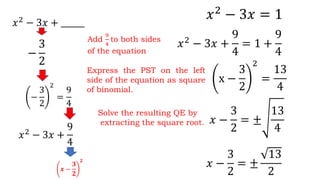 𝑥2 − 3𝑥 = 1𝑥2
− 3𝑥 + ______
−
3
2
−
3
2
2
=
9
4
𝑥2
− 3𝑥 +
9
4
𝑥2
− 3𝑥 +
9
4
= 1 +
9
4
Add
9
4
to both sides
of the equation
Express the PST on the left
side of the equation as square
of binomial.
x −
3
2
2
=
13
4
Solve the resulting QE by
extracting the square root.
𝒙 −
𝟑
𝟐
𝟐
𝑥 −
3
2
= ±
13
4
𝑥 −
3
2
= ±
13
2
 