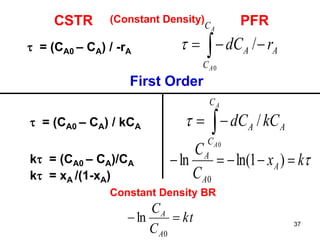 37
CSTR PFR
 = (CA0 – CA) / -rA  
A
A
C
C
AA rdC
0
/
(Constant Density)
First Order
 = (CA0 – CA) / kCA A
C
C
A CkdC
A
A

0
/
k = (CA0 – CA)/CA
Constant Density BR
kx
C
C
A
A
A
 )1ln(ln
0
kt
C
C
A
A

0
ln
k = xA /(1-xA)
 