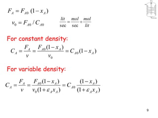 9
)1(0 AAA xFF 
000 / AA CFv  lit
molmollit

secsec
For constant density:
)1(
)1(
0
0
0
AA
AAA
A xC
v
xF
v
F
C 


For variable density:
)1(
)1(
)1(
)1(
0
0
0
AA
A
A
AA
AAA
A
x
x
C
xv
xF
v
F
C
 





 