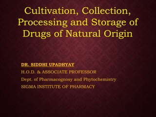 Cultivation, Collection,
Processing and Storage of
Drugs of Natural Origin
DR. SIDDHI UPADHYAY
H.O.D. & ASSOCIATE PROFESSOR
Dept. of Pharmacognosy and Phytochemistry
SIGMA INSTITUTE OF PHARMACY
 