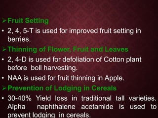 Fruit Setting
• 2, 4, 5-T is used for improved fruit setting in
berries.
Thinning of Flower, Fruit and Leaves
• 2, 4-D is used for defoliation of Cotton plant
before boll harvesting.
• NAA is used for fruit thinning in Apple.
Prevention of Lodging in Cereals
• 30-40% Yield loss in traditional tall varieties.
Alpha naphthalene acetamide is used to
prevent lodging in cereals.
 