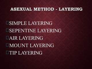 ASEXUAL METHOD - LAYERING
SIMPLE LAYERING
SEPENTINE LAYERING
AIR LAYERING
MOUNT LAYERING
TIP LAYERING
 