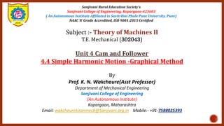 Sanjivani Rural Education Society’s
Sanjivani College of Engineering, Kopargaon-423603
( An Autonomous Institute Affiliated to Savitribai Phule Pune University, Pune)
NAAC ‘A’ Grade Accredited, ISO 9001:2015 Certified
Subject :- Theory of Machines II
T.E. Mechanical (302043)
Unit 4 Cam and Follower
4.4 Simple Harmonic Motion -Graphical Method
By
Prof. K. N. Wakchaure(Asst Professor)
Department of Mechanical Engineering
Sanjivani College of Engineering
(An Autonomous Institute)
Kopargaon, Maharashtra
Email: wakchaurekiranmech@Sanjivani.org.in Mobile:- +91-7588025393
 