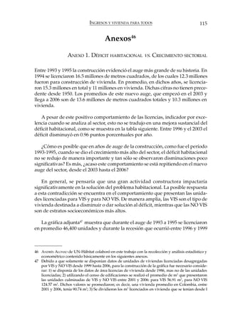 INGRESOS Y VIVIENDA PARA TODOS                                  115


                                         Anexos46

                   ANEXO 1. DÉFICIT HABITACIONAL VS. CRECIMIENTO SECTORIAL

Entre 1993 y 1995 la construcción evidenció el auge más grande de su historia. En
1994 se licenciaron 16.5 millones de metros cuadrados, de los cuales 12.3 millones
fueron para construcción de vivienda. En promedio, en dichos años, se licencia-
ron 15.3 millones en total y 11 millones en vivienda. Dichas cifras no tienen prece-
dente desde 1950. Los promedios de este nuevo auge, que empezó en el 2003 y
llega a 2006 son de 13.6 millones de metros cuadrados totales y 10.3 millones en
vivienda.

   A pesar de este positivo comportamiento de las licencias, indicador por exce-
lencia cuando se analiza al sector, esto no se tradujo en una mejora sustancial del
déficit habitacional, como se muestra en la tabla siguiente. Entre 1996 y el 2003 el
déficit disminuyó en 0.96 puntos porcentuales por año.

   ¿Cómo es posible que en años de auge de la construcción, como fue el período
1993-1995, cuando se dio el crecimiento más alto del sector, el déficit habitacional
no se redujo de manera importante y tan sólo se observaron disminuciones poco
significativas? Es más, ¿acaso este comportamiento se está repitiendo en el nuevo
auge del sector, desde el 2003 hasta el 2006?

   En general, se pensaría que una gran actividad constructora impactaría
significativamente en la solución del problema habitacional. La posible respuesta
a esta contradicción se encuentra en el comportamiento que presentan las unida-
des licenciadas para VIS y para NO VIS. De manera amplia, las VIS son el tipo de
vivienda destinada a disminuir o dar solución al déficit, mientras que las NO VIS
son de estratos socioeconómicos más altos.

   La gráfica adjunta47 muestra que durante el auge de 1993 a 1995 se licenciaron
en promedio 46,400 unidades y durante la recesión que ocurrió entre 1996 y 1999



46 ANDRÉS ALONSO de UN-Hábitat colaboró en este trabajo con la recolección y análisis estadístico y
   econométrico contenido básicamente en los siguientes anexos.
47 Debido a que solamente se disponían datos de unidades de viviendas licenciadas desagregadas
   por VIS y NO VIS desde 1999 hasta 2006, para la construcción de la gráfica fue necesario conside-
   rar: 1) se disponía de los datos de área licencias de vivienda desde 1986, mas no de las unidades
   licenciadas; 2) utilizando el censo de edificaciones se realizó el promedio de m2 que presentaron
   las unidades culminadas de VIS y NO VIS entre 2001 y 2006: para VIS 56.91 m2, para NO VIS
   124.57 m2. Dichos valores se promediaron; es decir, una vivienda promedio en Colombia, entre
   2001 y 2006, tenía 90.74 m2; 3) Se dividieron los m2 licenciados en vivienda que se tenían desde l
 