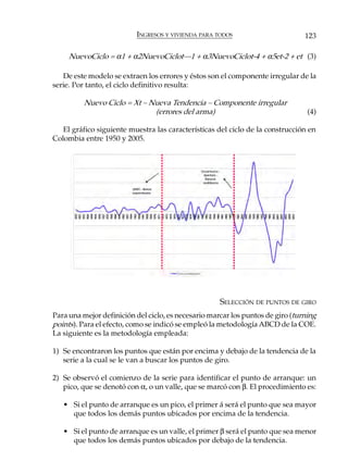 INGRESOS Y VIVIENDA PARA TODOS                        123

     NuevoCiclo = α1 + α2NuevoCiclot—1 + α3NuevoCiclot-4 + α5et-2 + et (3)

   De este modelo se extraen los errores y éstos son el componente irregular de la
serie. Por tanto, el ciclo definitivo resulta:

          Nuevo Ciclo = Xt – Nueva Tendencia – Componente irregular
                              (errores del arma)                                 (4)

   El gráfico siguiente muestra las características del ciclo de la construcción en
Colombia entre 1950 y 2005.




                                                     SELECCIÓN DE PUNTOS DE GIRO
Para una mejor definición del ciclo, es necesario marcar los puntos de giro (turning
points). Para el efecto, como se indicó se empleó la metodología ABCD de la COE.
La siguiente es la metodología empleada:

1) Se encontraron los puntos que están por encima y debajo de la tendencia de la
   serie a la cual se le van a buscar los puntos de giro.

2) Se observó el comienzo de la serie para identificar el punto de arranque: un
   pico, que se denotó con α, o un valle, que se marcó con β. El procedimiento es:

   • Si el punto de arranque es un pico, el primer á será el punto que sea mayor
     que todos los demás puntos ubicados por encima de la tendencia.

   • Si el punto de arranque es un valle, el primer β será el punto que sea menor
     que todos los demás puntos ubicados por debajo de la tendencia.
 