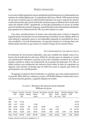 268                                  HÁBITAT Y FINANCIACIÓN

en el cual se había logrado la mayor profundización financiera en Latinoamérica en
materia de crédito hipotecario. La expedición del la Ley 546 de 1999 marcó el inicio
de un nuevo sistema, que no solo buscaba introducir un nuevo sistema de amorti-
zación al mercado, sino cerrar el descalce de plazos que en últimas fue la razón de la
crisis del sistema UPAC. Igualmente, se buscaba profundizar el acceso al crédito
para las familias de menores ingresos, materializada en los instrumentos diseñados
para promover la financiación de VIS, así como reducir su costo.

    Con estas consideraciones, la forma más adecuada para evaluar el impacto
logrado hasta el momento con los instrumentos incluidos en este trabajo, debe ser
más integral y agregada, pues es casi imposible asignarle la causalidad de uno u
otro resultado a un solo instrumento, en especial cuando en el tiempo han con-
fluido tantas iniciativas que tienen en común el logro de los mismos fines.


                                                    11.1. INSTRUMENTOS CON IMPACTO FISCAL
En términos de los recursos utilizados, aún una variable tan simple como el es-
fuerzo fiscal realizado ha sido muy difícil de calcular pues no siempre se cuenta
con información suficiente y precisa acerca del verdadero sacrificio de recursos
fiscales cuando se utiliza un instrumento de exención del impuesto. Por ello, se
debió realizar una estimación del esfuerzo fiscal sobre la base de supuestos en
algunos casos fuertes, al tiempo que en todos los casos se supone que todos los
participantes son contribuyentes.

    Al agregar el esfuerzo fiscal realizado, se concluye que estos representaron en
el periodo 2001-2005 un volumen cercano a $750,000 millones incluyendo recur-
sos efectivamente girados y aquellos dejados de recibir.


                       CUADRO 1. Resumen del esfuerzo fiscal estimado
                                     Millones de pesos

        Cuentas Exención Exención Exención Devolución Garantía Reduc. Subsidio Cobertura Total
         AFC    créditos leasing  titulari-   IVA      título   Tarifas garantía UVR
                  VIS              zación               VIS    not. y reg. FNG
2000
2001      1.019    27.176                                                                   28.195
2002      6.917    43.233            11.369                                                 61.518
2003     12.283    62.683    585     48.323      39.850            8.119                   172.233
2004     21.524    85.444   2.191    57.375      38.919   4.600    8.185            391    219.431
2005     34.363    96.229   4.183    82.703      36.075   2.000    8.034   3.093   1.193   266.680
Total    76.105   314.765   6.959   199.789     114.844   6.600   24.338   3.093   1.584   748.957

Fuente: cálculos con base en capítulos 3 y 4.
 
